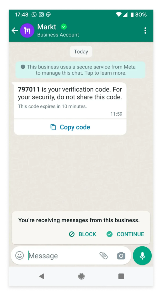 WhatsApp OTP for User Verifications 1 auth template whatsapp